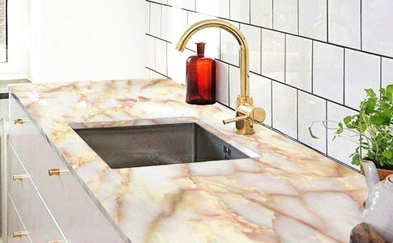 UPREDO Pink Jade Marble Paper Granite Look Effect Countertops Adhesive Paper Gloss Vinyl Film Wallpaper Self Adhesive Removable 15.8inch by 79inch - Image 4
